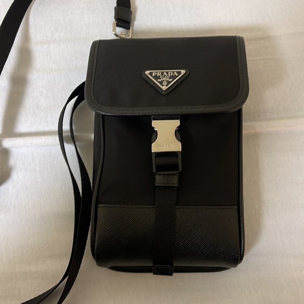 Prada nylon and Saffiano leather mobile phone bag with strip
